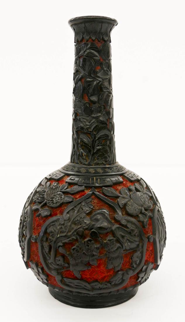 Chinese Two Color Cinnabar Bottle Vase 7.5''x4''. A (1 of 2)