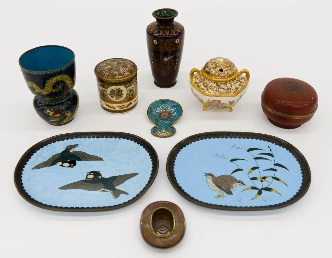 10pc Asian Satsuma & Cloisonne Miniatures. Includes two: 10pc Asian Satsuma & Cloisonne Miniatures. Includes two fine Japanese satsuma covered box 2.5'' and koro incense burner 3.25'' (broken lids), a cloisonne phoenix vase 4.75'', a chinese two part dragon