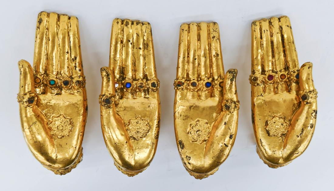 4pc Thai Gilt Bronze & Jeweled Buddha Hands 7''x2.5'' (1 of 2)