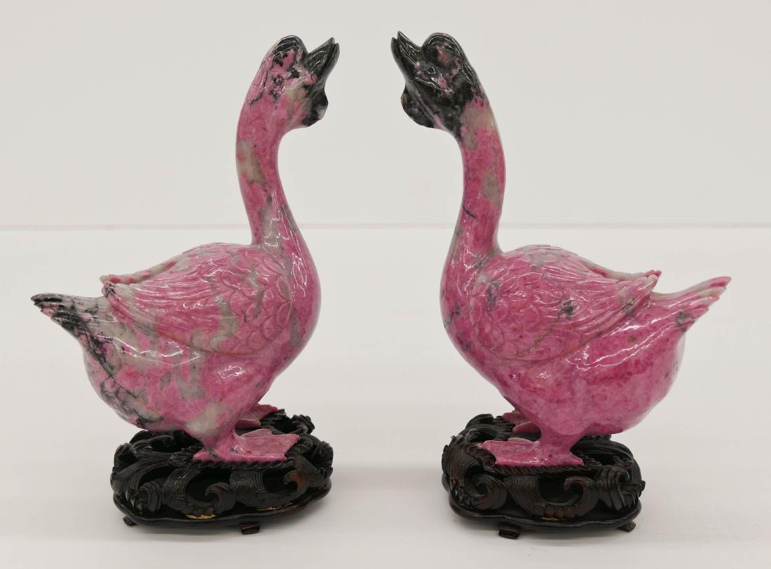Pair Chinese Pink Jasper Geese Carvings on Stands (1 of 2)