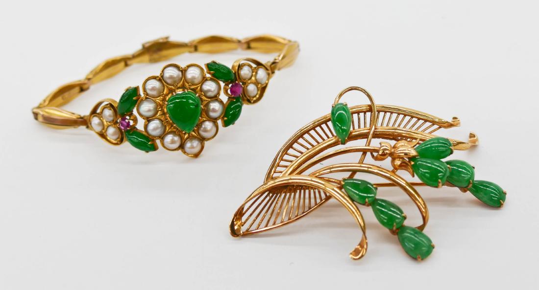 2pc Chinese 18k Jade Bracelet & Brooch. Includes a (1 of 3)