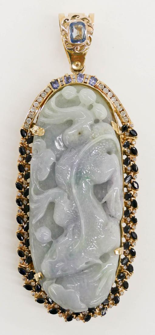Chinese 14k Jade Qilin Pebble Pendant 5''x2''. Includes (1 of 3)
