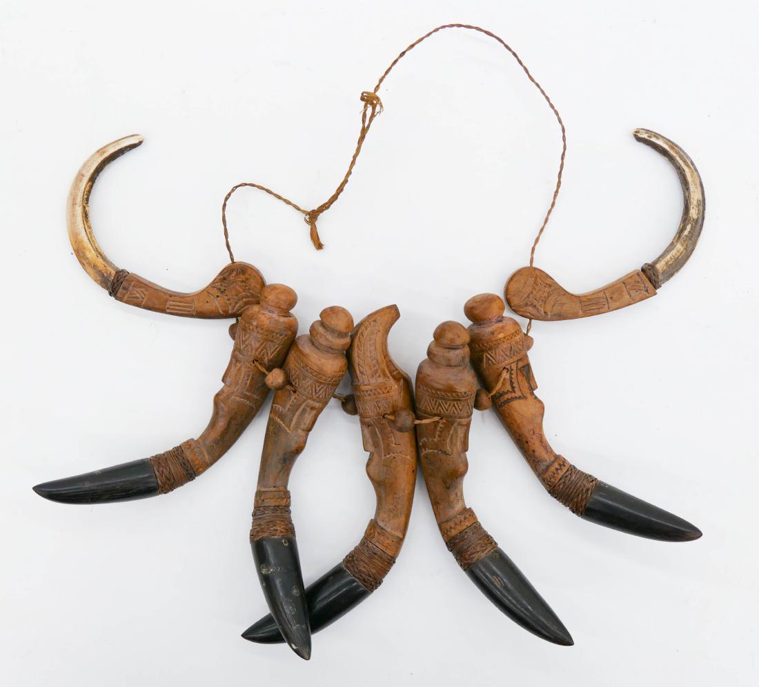 Sulawesi Toraja Tora Tora Warrior's Necklace 17''x12''.: Sulawesi Toraja Tora Tora Warrior's Necklace 17''x12''. Tribal made necklace composed of carved wood, woven cord, wild pig and boar's teeth. Slight surface wear from use. Overall excellent condition. 