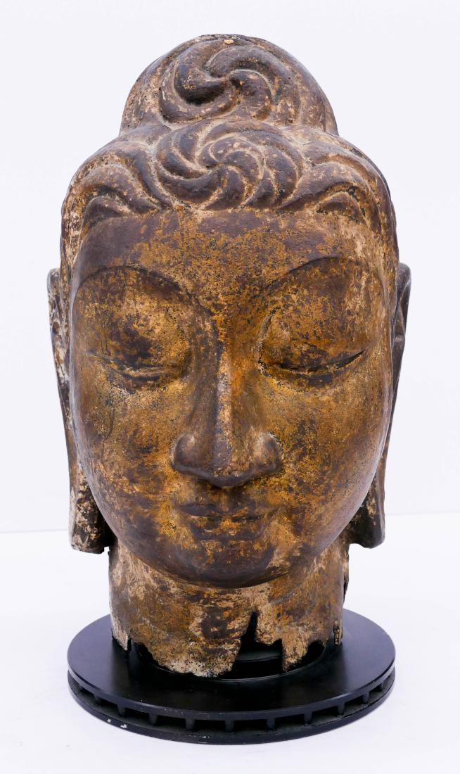 Large Burmese Gilt Bronze Buddha Head Fragment on Stand (1 of 3)