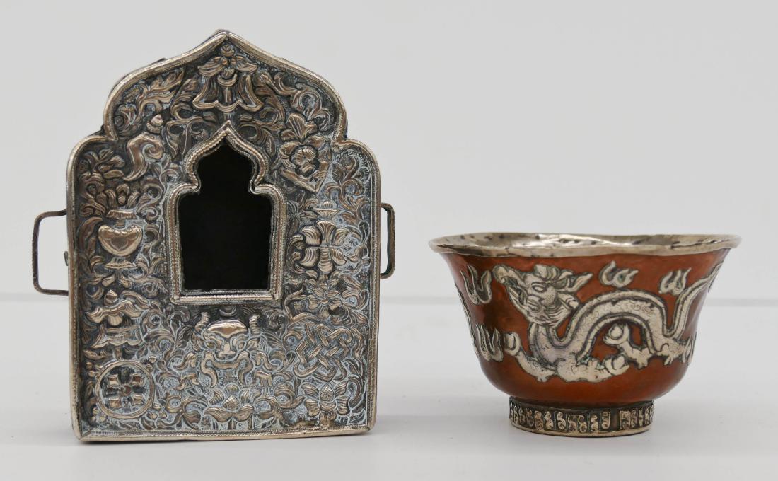 2pc Tibetan Silver Prayer Box & Cup. Includes a hand (1 of 3)