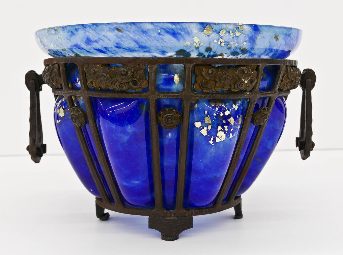 Daum Nancy and Louis Majorelle Glass & Iron Center Bowl: Daum Nancy and Louis Majorelle Glass & Iron Center Bowl 9''x14''. Impressive handled large cobalt with gold foil glass bowl in art deco Majorelle wrought iron mount. Signed ''Daum Nancy France'' on bo