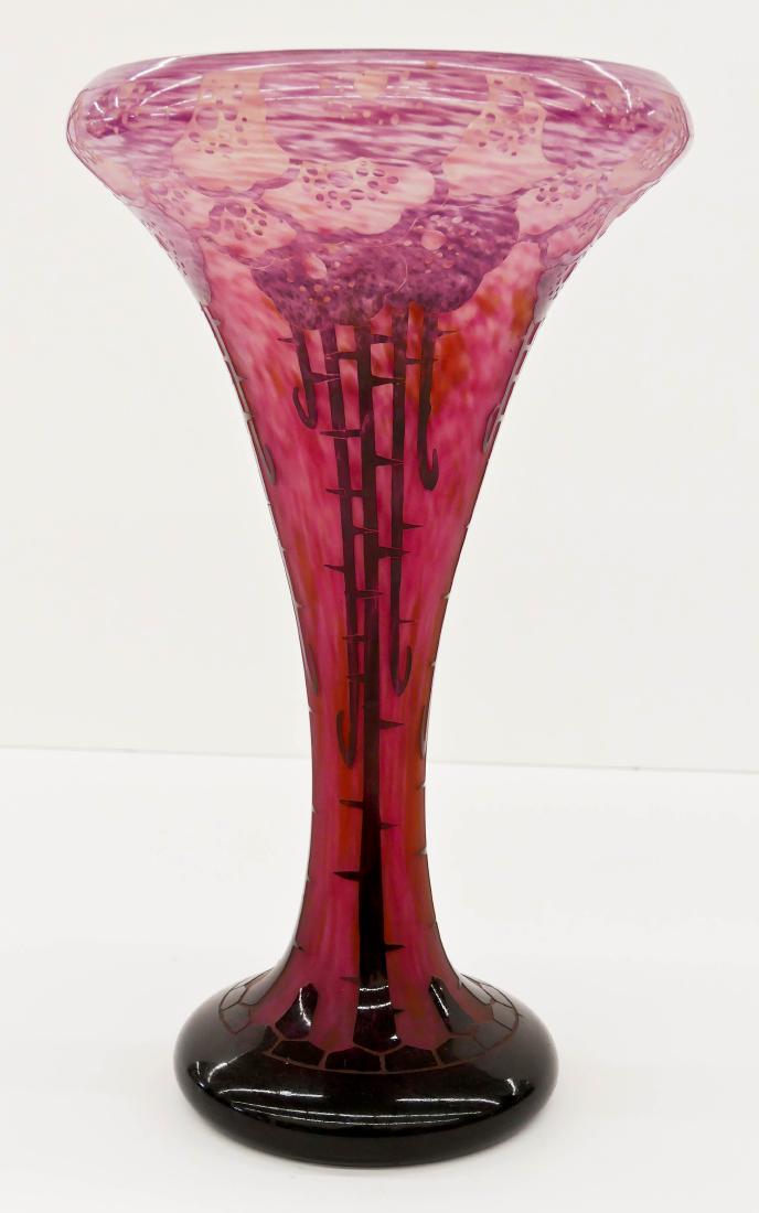 Large Charles Schneider ''Eglantines'' Cameo Glass Vase: Large Charles Schneider ''Eglantines'' Cameo Glass Vase 18''x11''. Impressive large acid cut art deco vase with pink stylized flower motifs. Signed ''Charder Le Verre Francaise'' on base. Excellent co