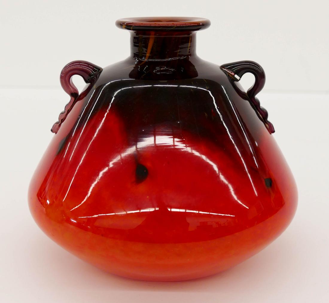 Schneider Jade Orange Handled Art Glass Vase 6''x7''. (1 of 3)