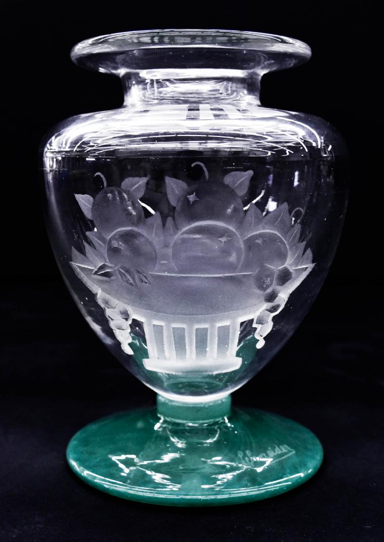 Schneider Intaglio Cut Green Jade Vase 6''x4.5''.: Schneider Intaglio Cut Green Jade Vase 6''x4.5''. Intaglio cut still life with oranges motif and jade green glass pedestal. Signed ''Schneider'' on base. Excellent condition. Early 20th century, Frenc
