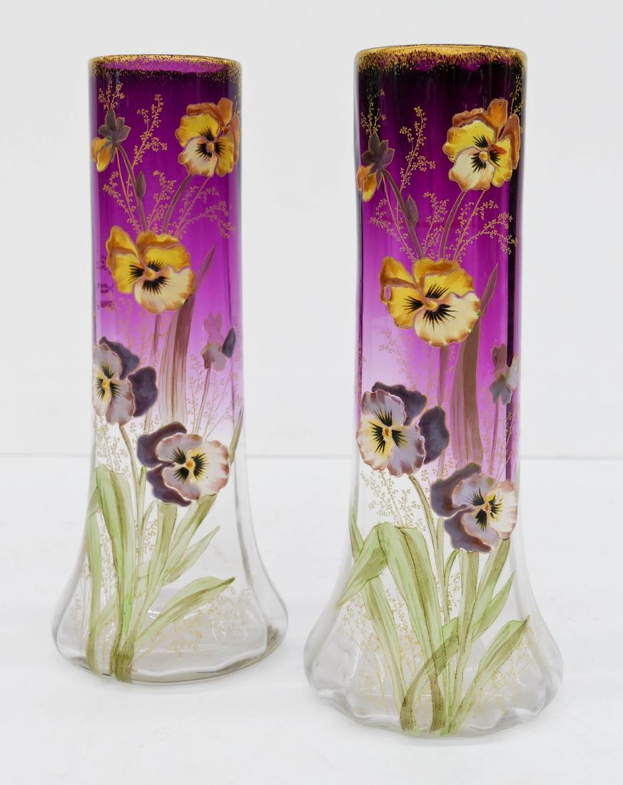 Pair Mont Joye Pansies Enameled Glass Vases 11.75''x5'' (1 of 2)
