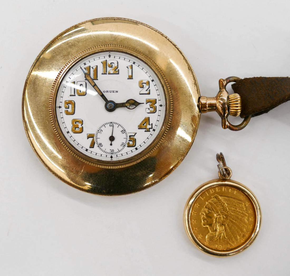 Antique Gruen Pocket Watch with US Gold Coin Fob. (1 of 3)