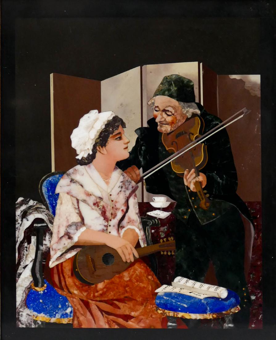 Antique Italian Pietra Dura Musicians Plaque: Antique Italian Pietra Dura Musicians Plaque 10.75''x8.75''. Intricate inlaid multi-colored stone to create a composition of a violin and lute player. Back is inscribed in pencil with a listing of all