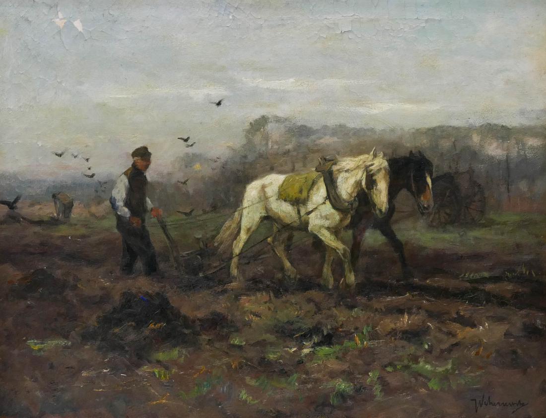 Antique European Plow Horses Oil on Canvas 20''x26'' (1 of 4)