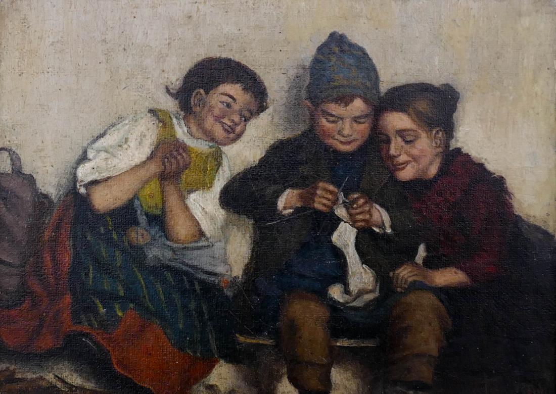 Kaufmann (19th Cent. German) Children Knitting Oil on (1 of 3)