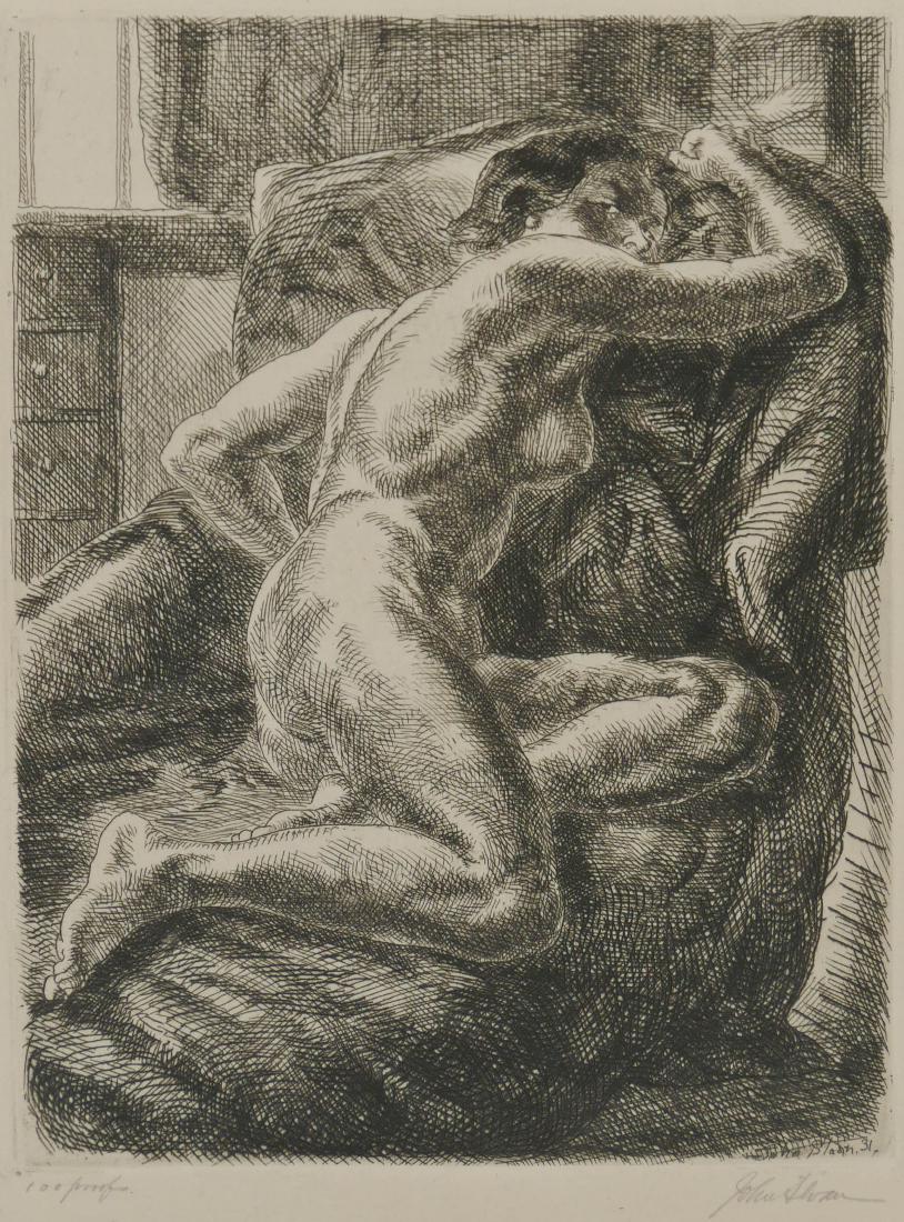 John Sloan (1871-1951 American) ''Nude on Draped: John Sloan (1871-1951 American) ''Nude on Draped Couch'' 1931 Etching 7''x5.5'' Impression. Pencil signed and notated ''100 Proof'' lower margin with dedication. Framed size 15''x13''. Excellent condi