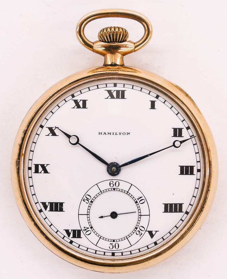 Hamilton 920 23 Jewel Pocket Watch Size 12s. Serial: Hamilton 920 23 Jewel Pocket Watch Size 12s. Serial number 1881502, circa 1920. Porcelain dial with black roman numerals. 46mm gold filled case number 19149027 with inside inscription and monogrammed