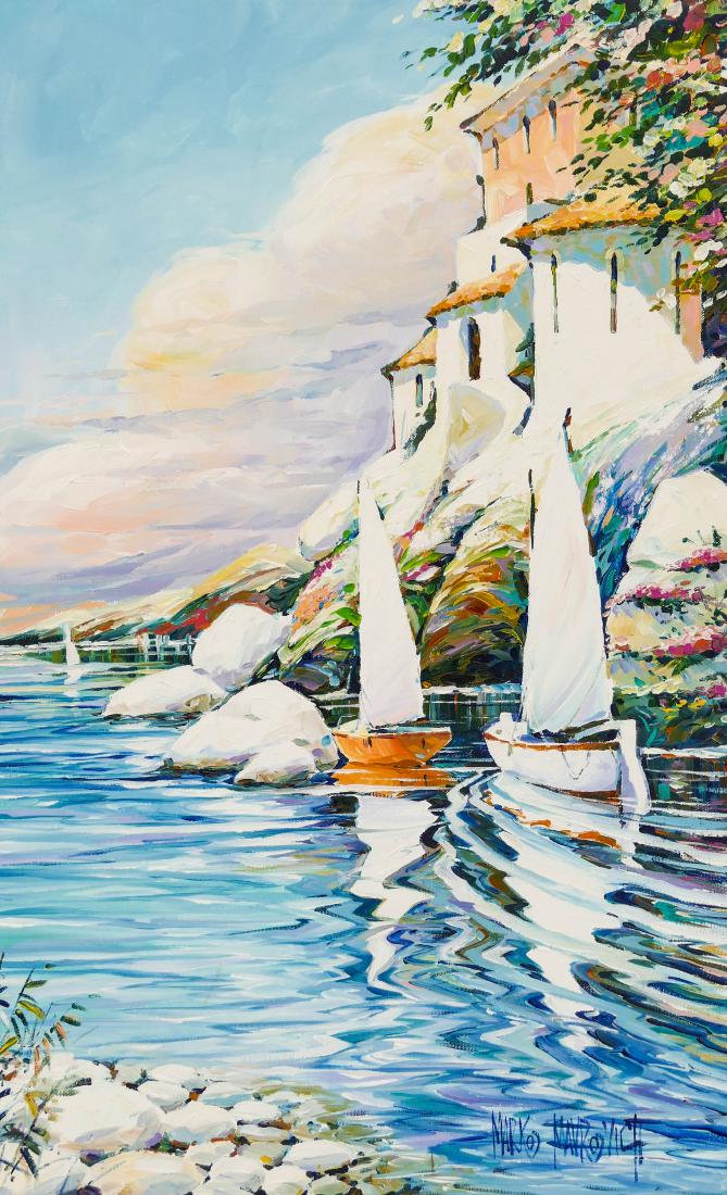 Marko Mavrovich (b.1960 Croatian) Untitled Coastal: Marko Mavrovich (b.1960 Croatian) Untitled Coastal Scene with Sailboats Oil on Canvas 29''x18''. A colorful impressionist cliff side coastal scene. Signed l.r. and unframed. Excellent condition.