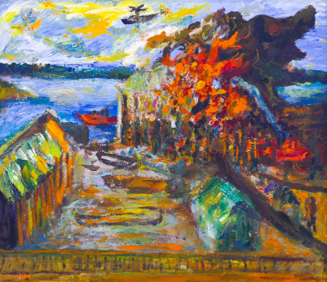 Joe Reno (b.1943 Washington) Ray's Boat House Fire Oil
