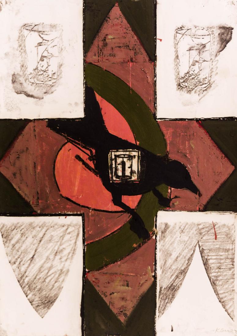 Karen Ganz (b.1963 Washington) ''Lily'' 1990 Oil and: Karen Ganz (b.1963 Washington) ''Lily'' 1990 Oil and Collage on Paper 30''x22'' Sheet. Signed l.r. with Francine Seders Gallery, Seattle label on verso. Gallery framed 38''x29''. Excellent condition.