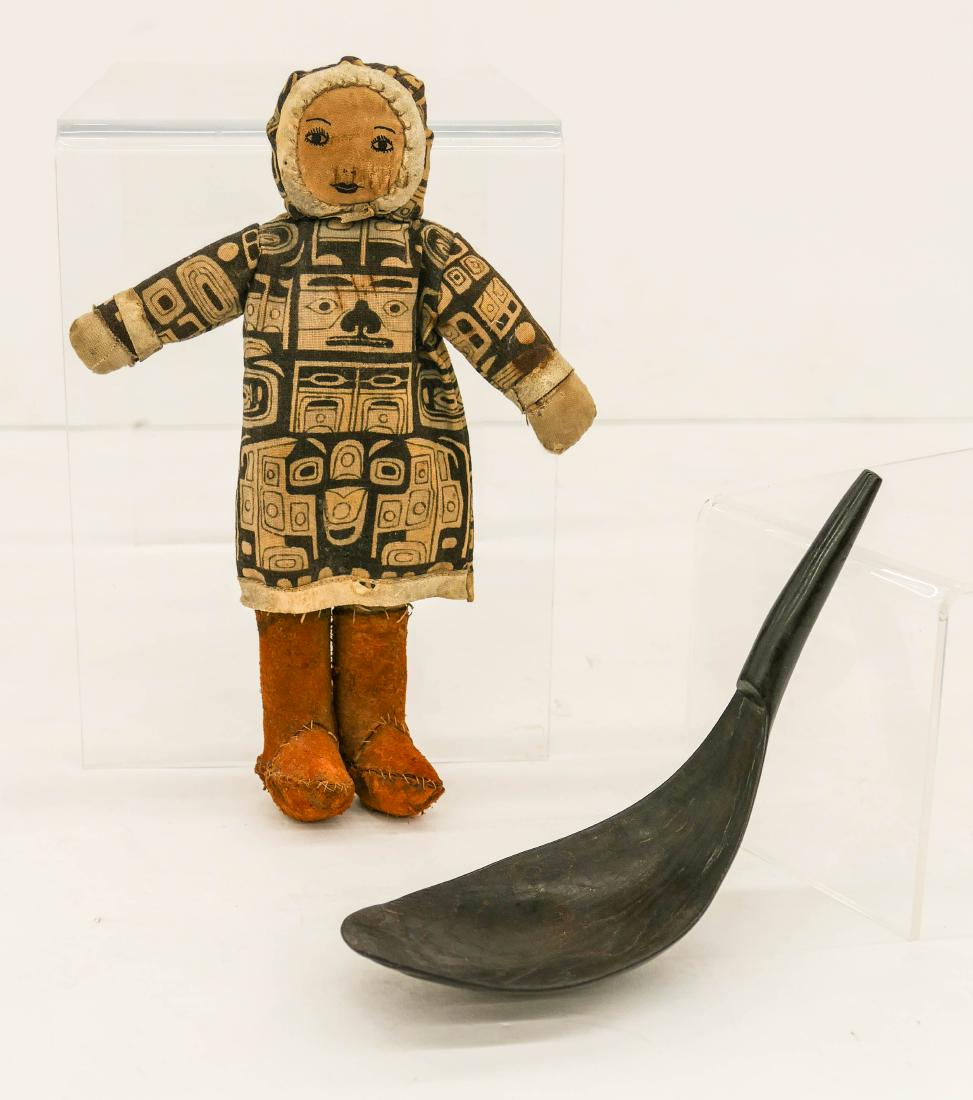 2pc Antique Tlingit Goat Horn Spoon and Doll. Includes (1 of 3)