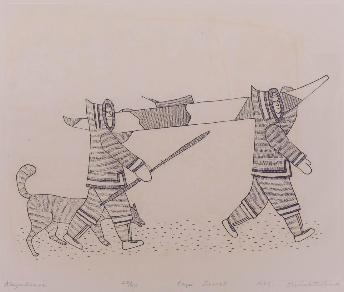 Kovinaktilliak Parr (b.1930 Inuit) ''Kayakmen'' 1973: Kovinaktilliak Parr (b.1930 Inuit) ''Kayakmen'' 1973 Etching 12.5''x18'' Sheet. Pencil signed and numbered 27 of 50 edition lower margin. Loose, unframed. Some slight staining in margin. Overall excel