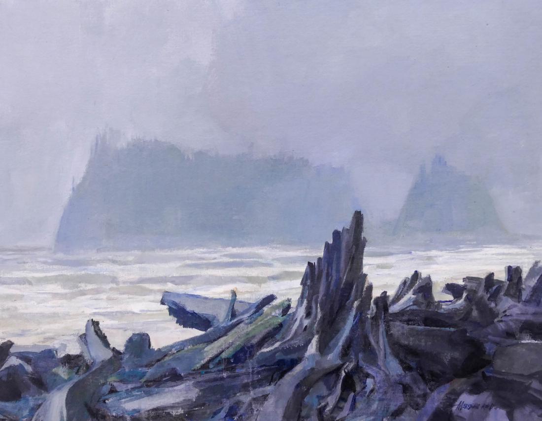 Fred Marshall (1904-1979 Washington) ''Fog'' Acrylic on: Fred Marshall (1904-1979 Washington) ''Fog'' Acrylic on Board 22''x28'' Image. A foggy coastal northwest landscape. Signed l.r. with AWS (American Watercoor Society) designation. Original frame 27''x3