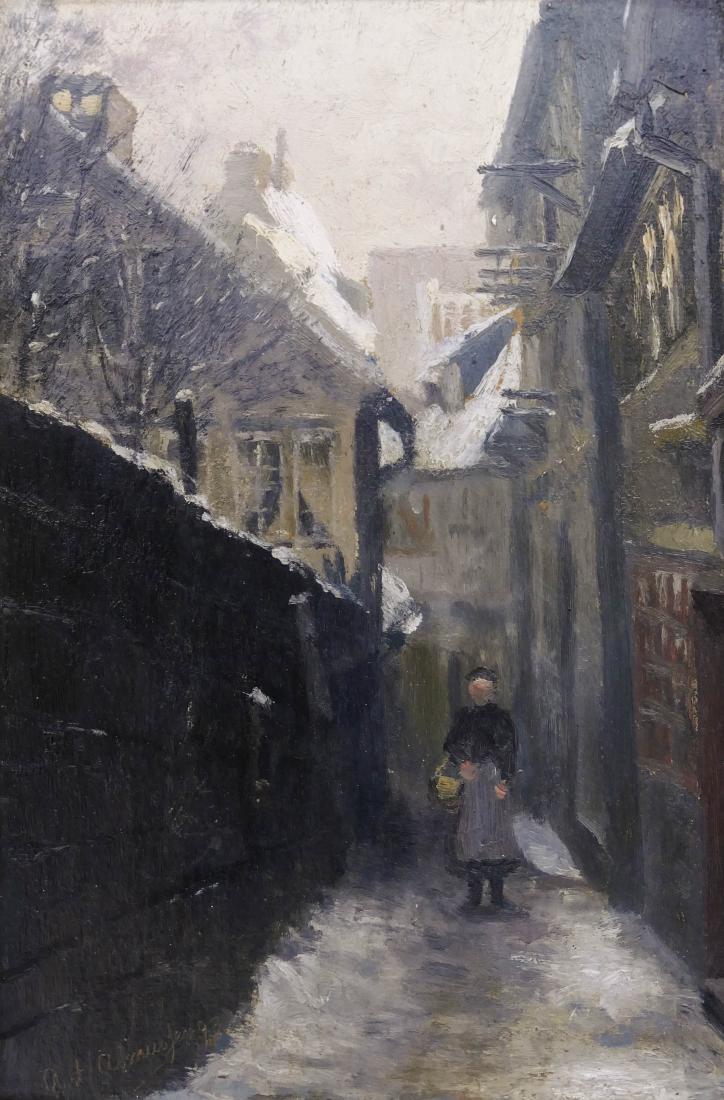 Anton Asmussen (1857-1904 German) Winter Street Scene: Anton Asmussen (1857-1904 German) Winter Street Scene Oil on Board 12.75''x8.75'' Image. Signed l.l. with title label on verso. Ornate gilt period frame 21.5''x17.5''. Excellent condition. (SCH)