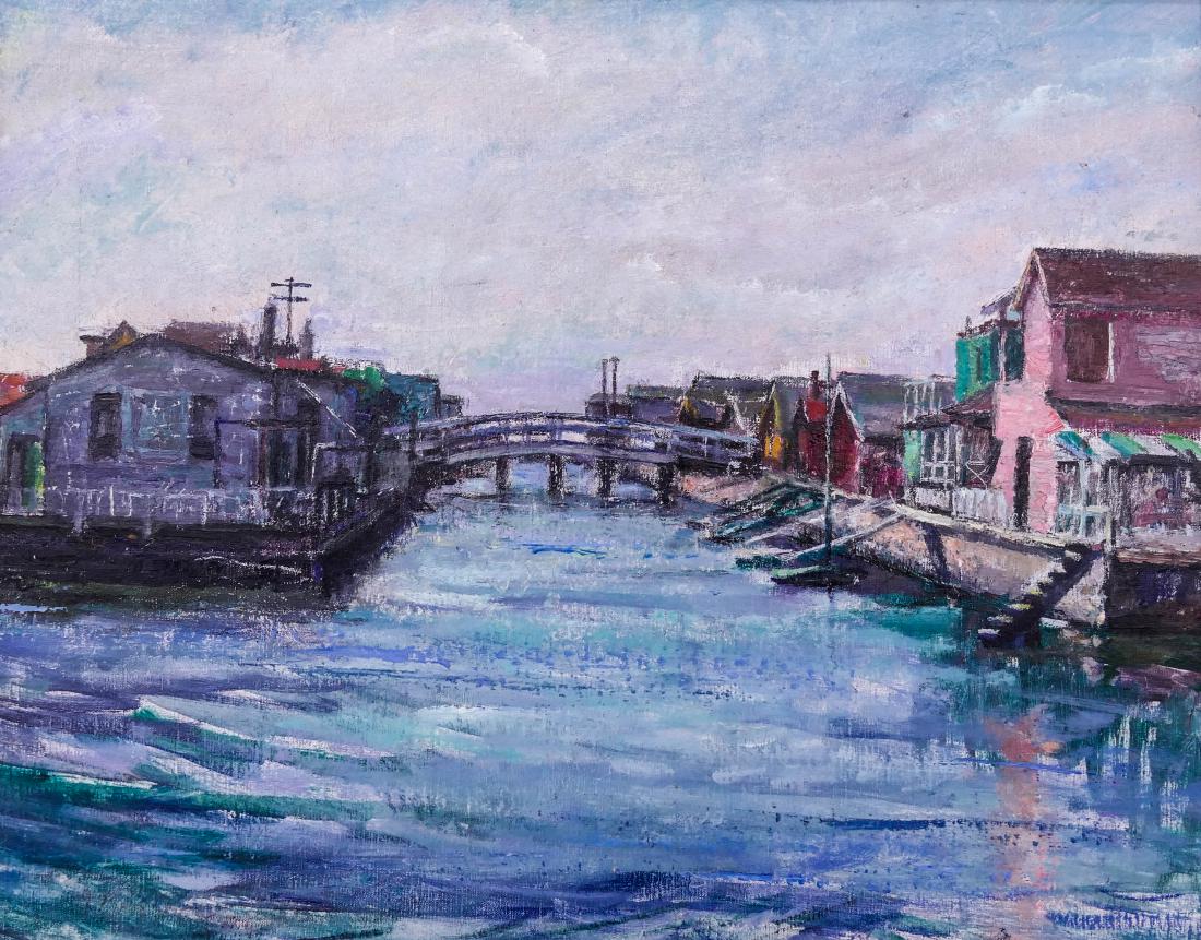 J. Barry Greene (1895-1966 American) ''Sunset Beach: J. Barry Greene (1895-1966 American) ''Sunset Beach Canal'' Oil on Canvas 16''x20'' Image. An expressionist water scene. Signed faintly l.l. Ornate gallery framing 26''x29''. Excellent condition.
