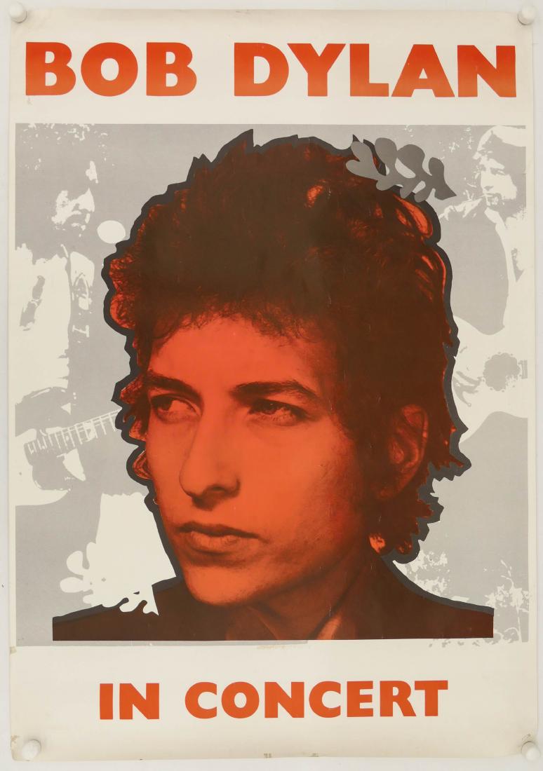 Vintage Bob Dylan in Concert Poster 54''x38''. A two: Vintage Bob Dylan in Concert Poster 54''x38''. A two color vintage poster with no publisher's marks. Circa 1970's. Some pin holes to corners with minor creasing. Overall excellent condition. Found loo