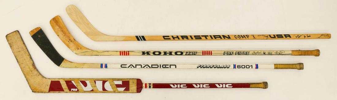 4pc WHL Western Hockey League Game Used Hockey Sticks.: 4pc WHL Western Hockey League Game Used Hockey Sticks. Includes a Koho 2210 signed stick from the Regina Pats including Frank Kovacs, Brad Miller, Gary Dickie, and Darren McKechnee amongst others. A C