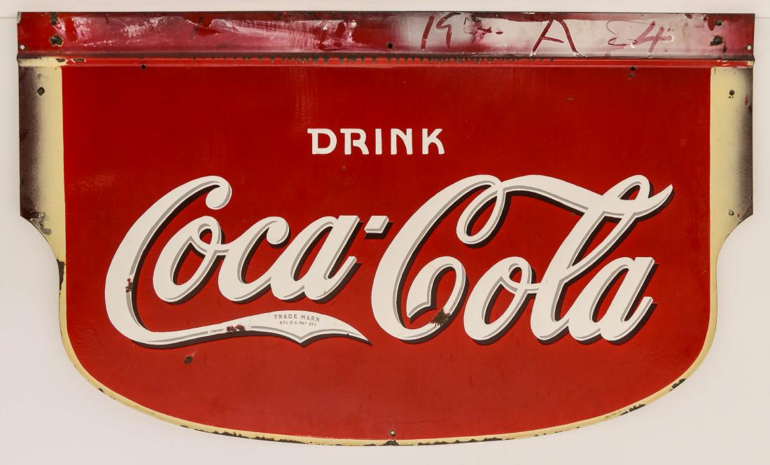 Impressive 1934 Drink Coca-Cola Double Sided Diecut: Impressive 1934 Drink Coca-Cola Double Sided Diecut Porcelain Hanging Sign 35''x60''. A colorful enameled porcelain flange sign manufactured by Tennessee Enamel Mfg. Co. in Nashville. Some scattered l