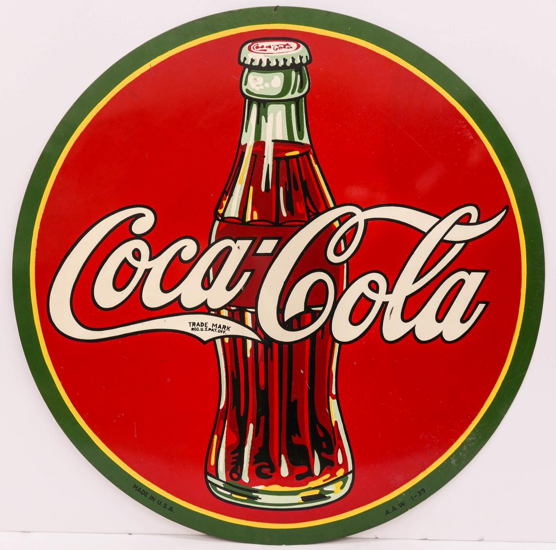 1930's Coca-Cola Round Tin Advertising Sign 45.5'': 1930's Coca-Cola Round Tin Advertising Sign 45.5'' Diameter. A large colorful enameled tin signed marked ''A.A.W. 1-39'' at bottom. Hole at top center edge drilled for hanging. Some scattered light su