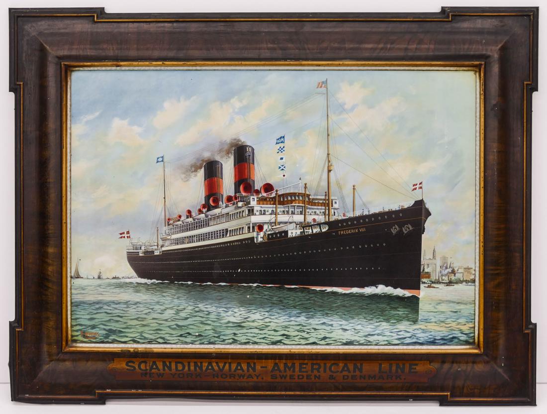 Antique Scandinavian American Lines Steamship Diecut: Antique Scandinavian American Lines Steamship Diecut Tin Sign 31''x41''. Impressive transportation advertising sign depicting a painting by Ferdinand Worms. Some scattered light surface wear. Overall 
