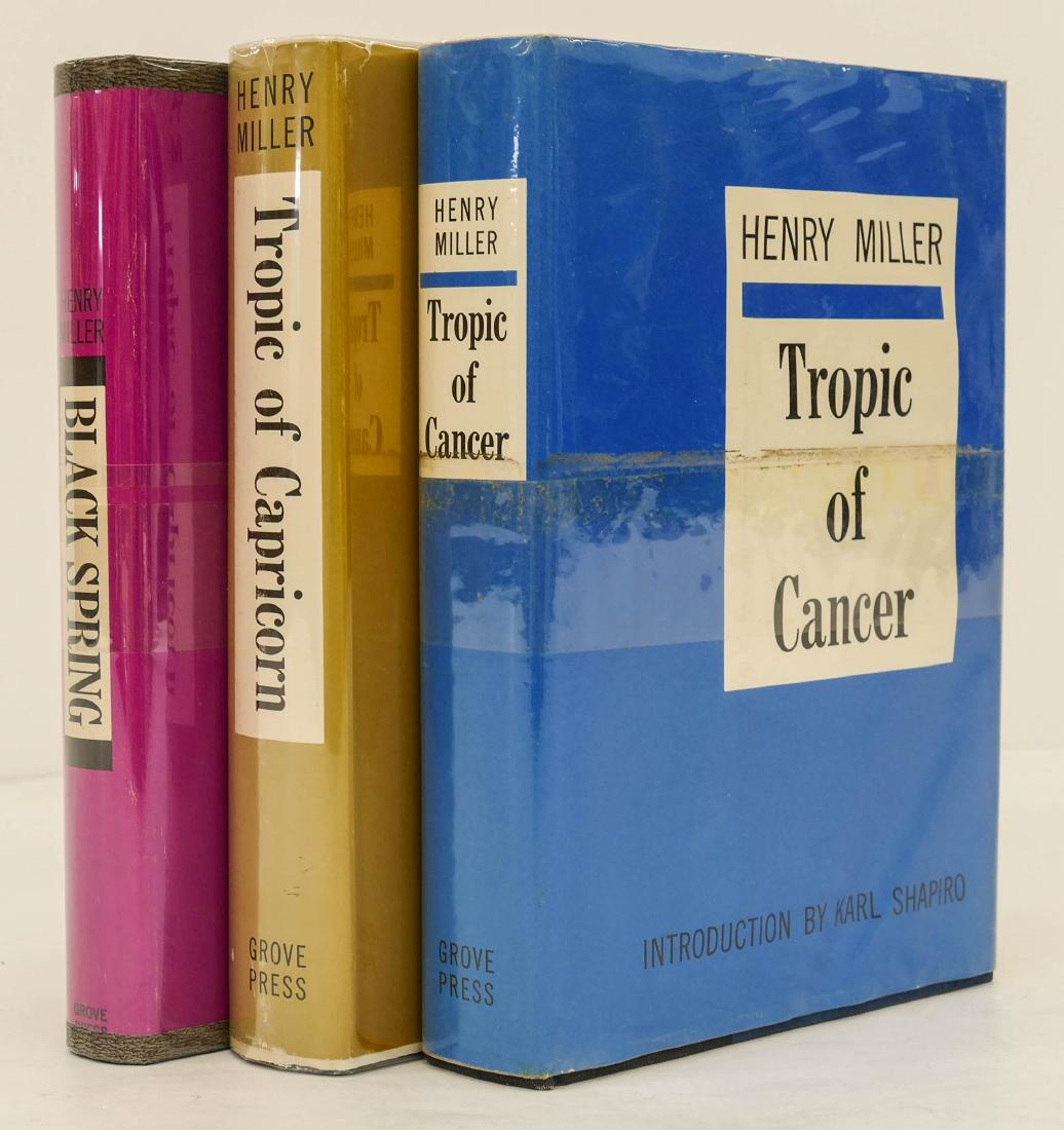 3pc Henry Miller First Edition Books with Dust Jackets.: 3pc Henry Miller First Edition Books with Dust Jackets. Includes the Tropic of Cancer, Tropic of Capricorn, and Black Spring. All are stated First Printings. Clean copies with overall light edge wear.