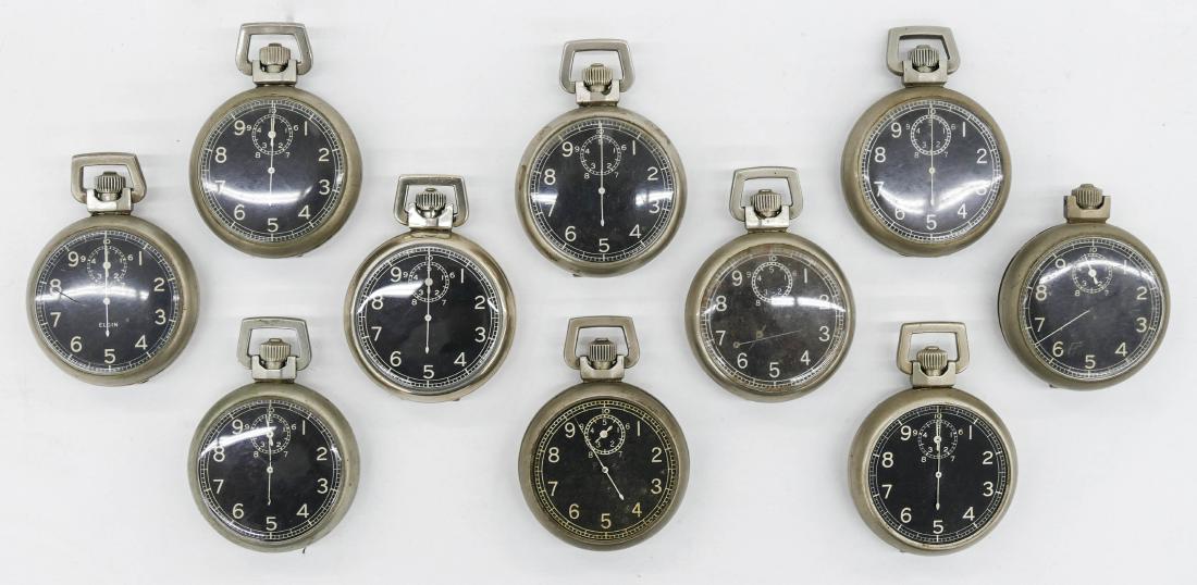 10pc Elgin Military Type A-8 Stop Watches. Manual 15: 10pc Elgin Military Type A-8 Stop Watches. Manual 15 jewel movements. Some are running, though most are not. A nice parts lot for any dealer or collector.