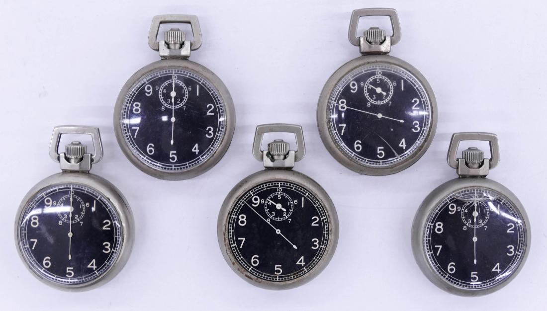 5pc Elgin Military Type A-9 Gold Back Stop Watches.: 5pc Elgin Military Type A-9 Gold Back Stop Watches. Manual 15 jewel movements. These ones have gold plate movements. Non working condition.