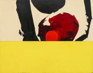 Luis Feito Lopez (b.1929 Spanish) Untitled 1967 Oil on: Luis Feito Lopez (b.1929 Spanish) Untitled 1967 Oil on Board 17''x22'' Image. A stark abstract expressionist composition with yellow. Signed and dated l.r. corner. Framed 20''x24.5''. Excellent condit