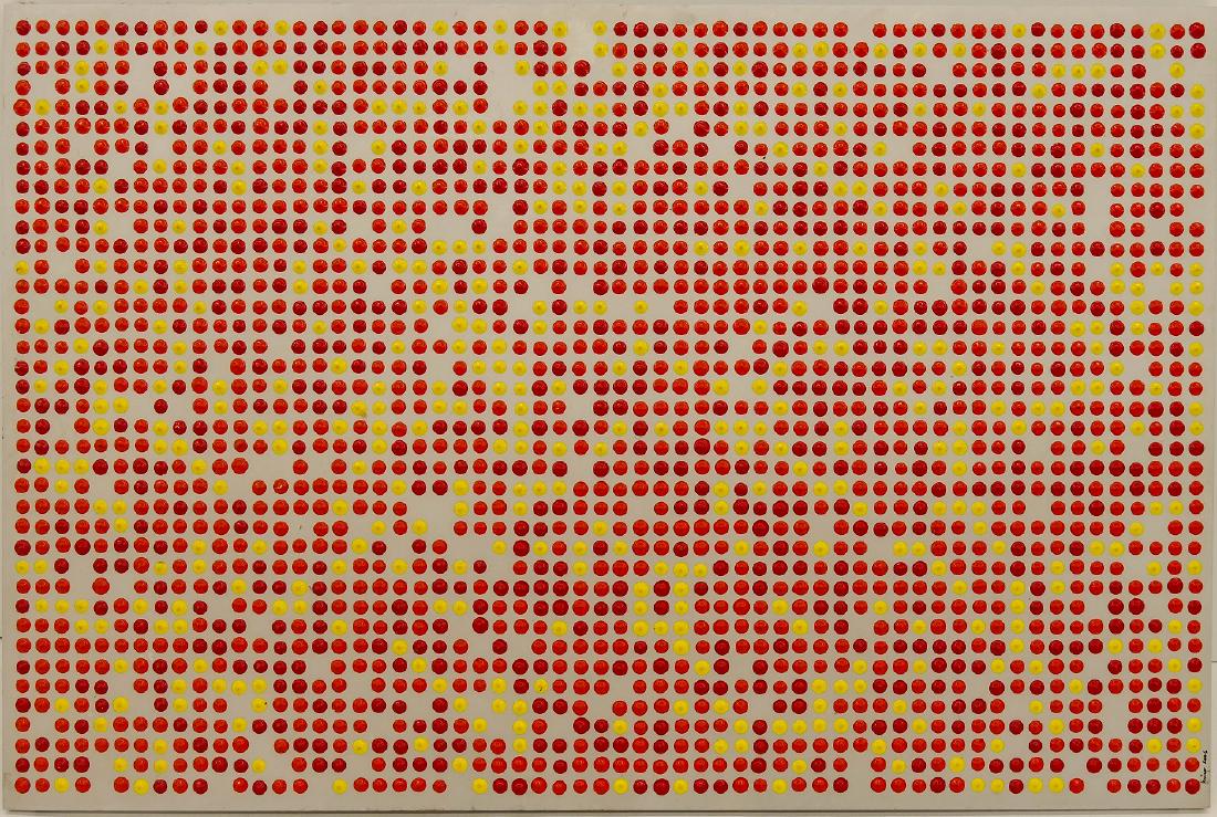 Erik Olson (21st Cent. American) ''U-2'' 2006 Acrylic: Erik Olson (21st Cent. American) ''U-2'' 2006 Acrylic on Aluminum 24''x36''. A unique contemporary neo pop composition of red and yellow drips. Signed on side with title label on verso. Excellent cond