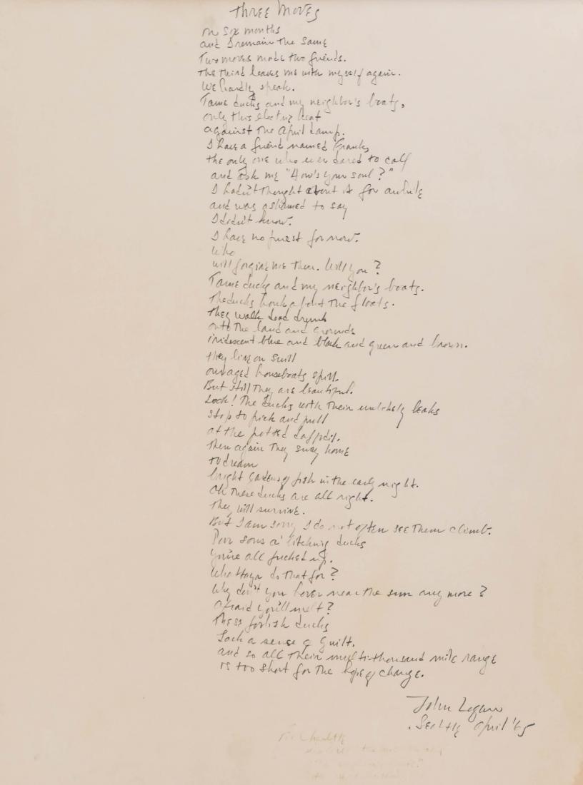 John Logan (1923-1987 California) ''Three Moves'' 1965: John Logan (1923-1987 California) ''Three Moves'' 1965 Poem Graphite on Paper 23''x18.5'' Sheet. An original hand written poem by this American poet who authored several books including ''Spring of th