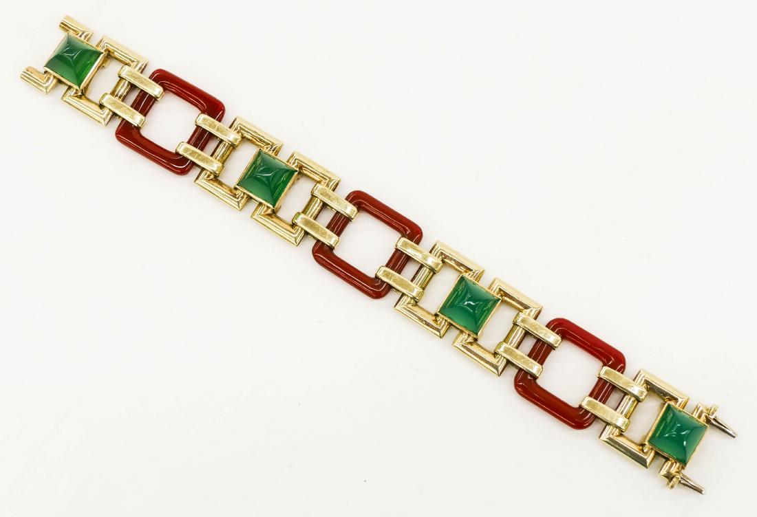 Lady's 14k Chrysoprase & Carnelian Art Deco Link: Lady's 14k Chrysoprase & Carnelian Art Deco Link Bracelet 7''. A fine 14k gold link bracelet with (3) carved carnelian box links 20mm and (4) set chrysoprase pointed cabochons 10x10mm. Marked 14K in c