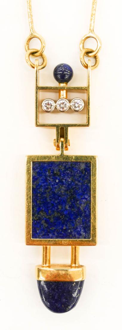 Designer 18k Lapis & Diamond Drop Pendant Necklace: Designer 18k Lapis & Diamond Drop Pendant Necklace 22''. A custom made pin link necklace with gold ore lapis lazuli and three round brilliant cut diamonds of 2.5mm each. Pendant measures 2.75''. Marke
