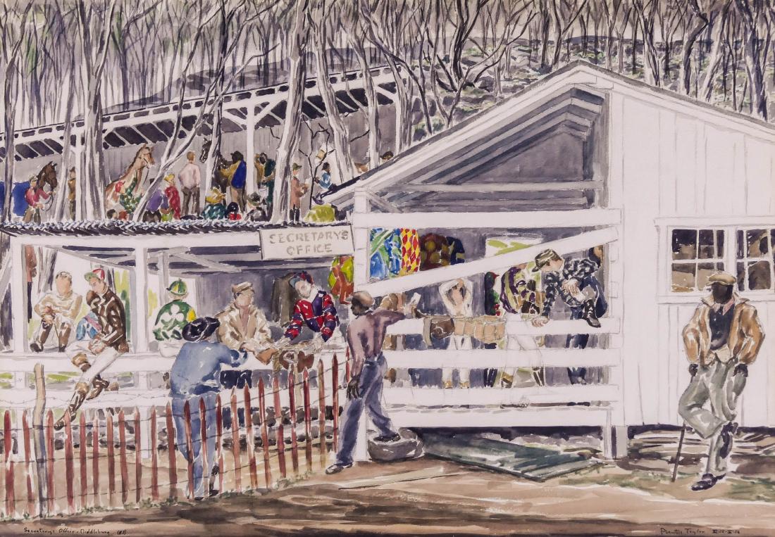Prentiss Taylor (1907-1991 American) ''Secretary's: Prentiss Taylor (1907-1991 American) ''Secretary's Office, Middleburg #3'' 1956 Watercolor on Paper 20''x20'' Image. A colorful horse racing stable with jockeys. Signed l.r. and titled l.l. Original f