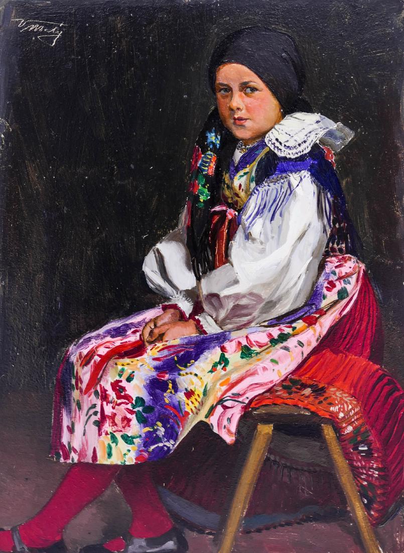 Antique European Hungarian Girl Oil on Board 13''x10'': Antique European Hungarian Girl Oil on Board 13''x10'' Image. An impressionist painting of a seated girl with colorful dress. Illegibly signed upper left corner. Ornate gilt framing 18''x14.5''. Excel
