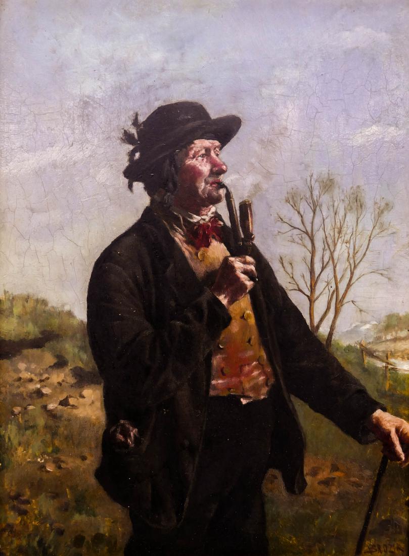 Wenceslas Brozik (1851-1901 Czech) Untitled Old Man: Wenceslas Brozik (1851-1901 Czech) Untitled Old Man Smoking Oil on Panel 13.5''x10'' Image. Depicts a German or Austrian man smoking in landscape. Signed l.r. Ornate period framing 20''x17''. Some sca