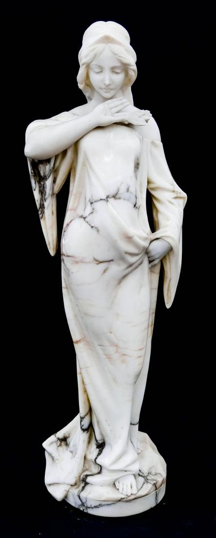Italian Art Nouveau Woman Marble Sculpture 27''x9''.: Italian Art Nouveau Woman Marble Sculpture 27''x9''. Impressive carved two-tone marble sculpture of the standing nymph or flora. Unsigned. Excellent condition. Late 19th or early 20th century, Italy.