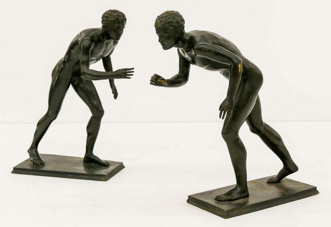 Pair of Antique Italian Wrestlers Bronze Sculptures: Pair of Antique Italian Wrestlers Bronze Sculptures 11.5''x10'' Each. A matched pair of classical Roman subjects with foundry marks by Fonderia Sommer in Napoli. Some scattered surface wear. Overall e