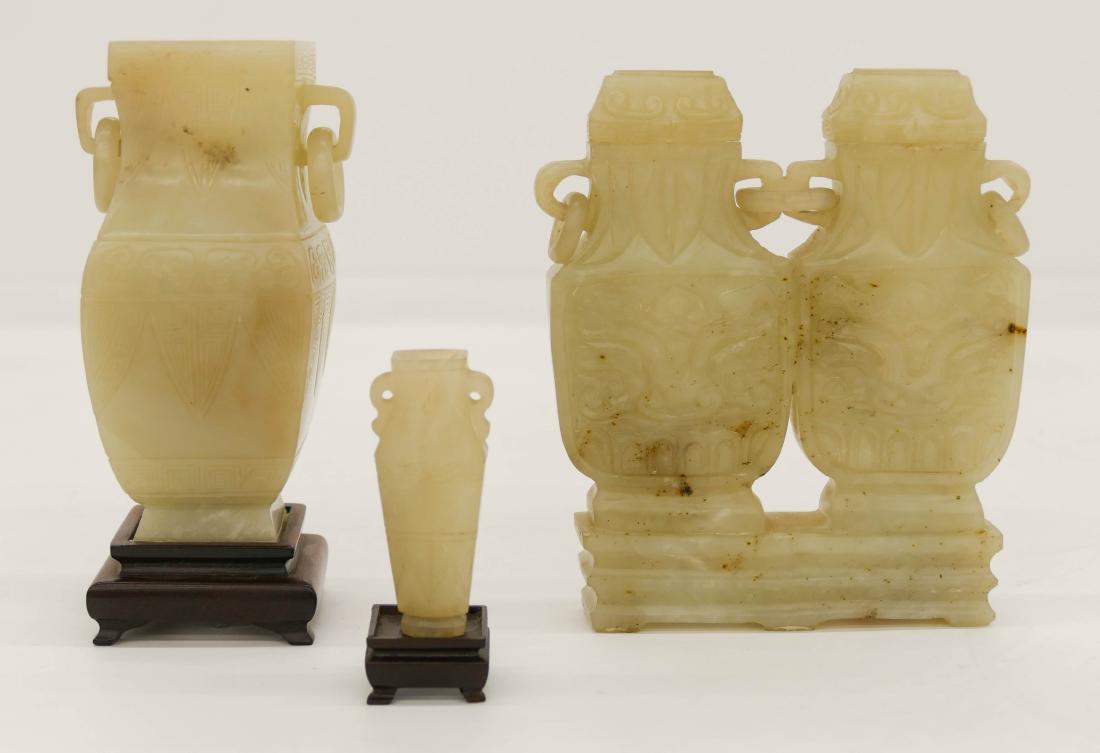 3pc Chinese Carved Jade Vases. Includes an archaic form