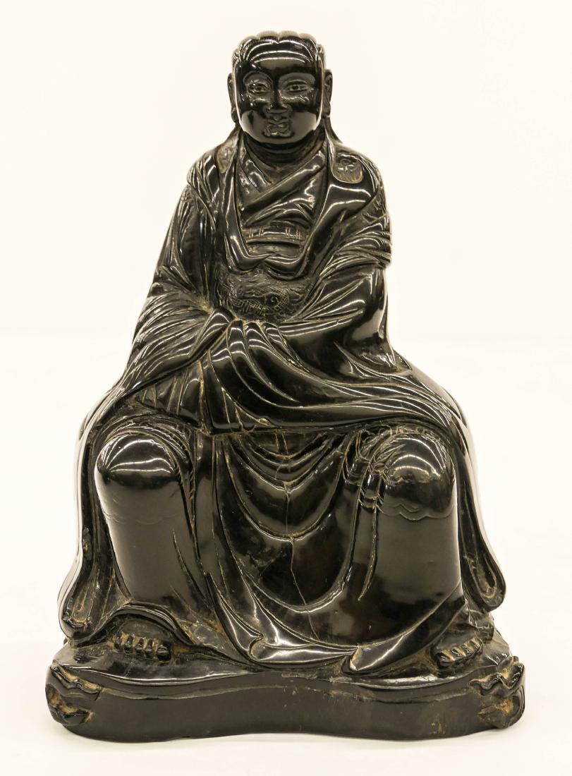 Fine Chinese Obsidian Seated Emperor Carving 7''x5''.: Fine Chinese Obsidian Seated Emperor Carving 7''x5''. Intricately carved black hardstone figure wearing a dragon robe. Seated on a relief carved dragon throne. Some slight edge wear. Overall excellent