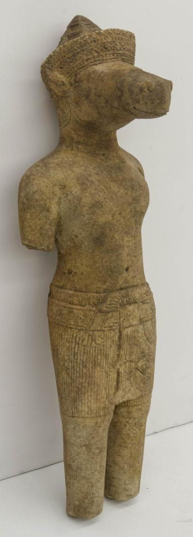 Khmer Stone Vajimukha Horse God Standing Figure: Khmer Stone Vajimukha Horse God Standing Figure Fragment 24''x7.5''. A scarce near full standing stone figure. Scattered surface wear and slight edge chipping from age. Possibly 12th century, Cambodia