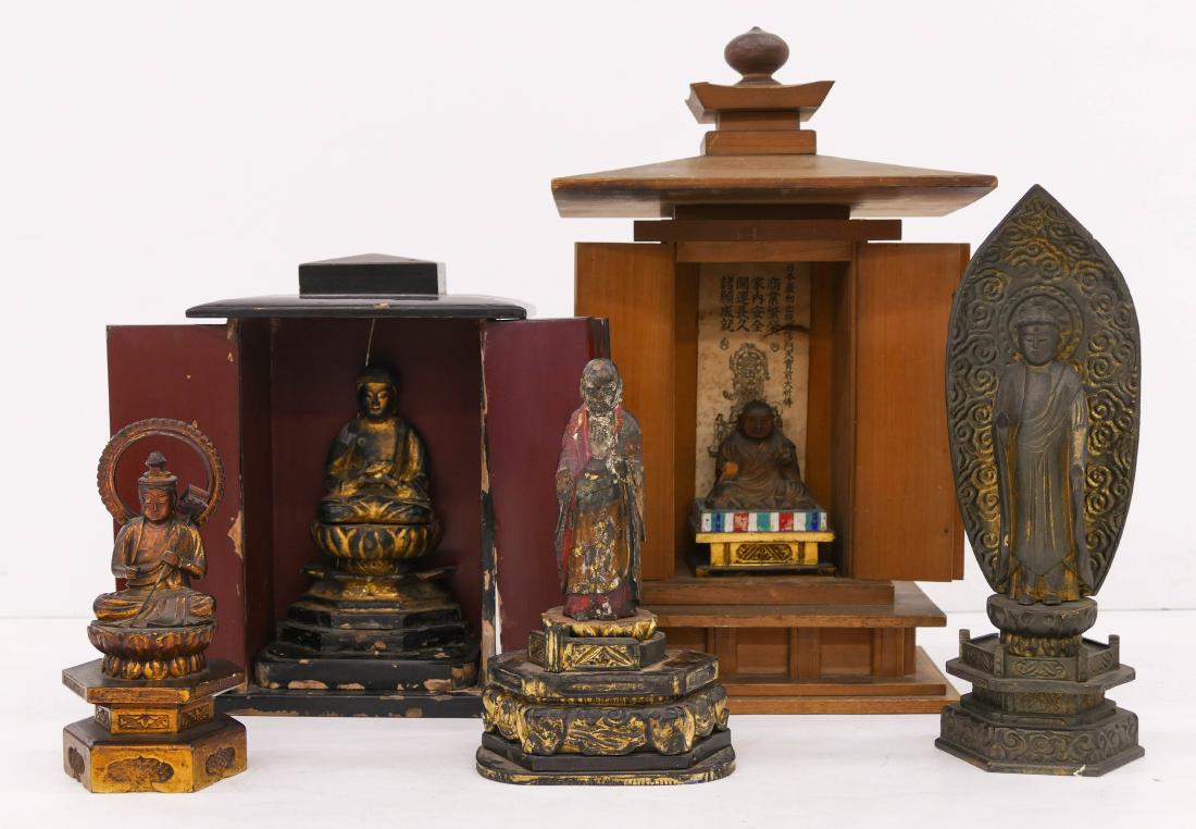 5pc Japanese Gilt Lacquered Buddhas & Shrines. Includes: 5pc Japanese Gilt Lacquered Buddhas & Shrines. Includes three loose guanyin and buddhas with two larger shrines 7.5'' to 17'' tall. Scattered wear from age. 19th century, Edo or Meiji period.